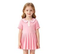 Generisch Vestido informal de niña con pliegues cuello redondo cómodo festivo que fluye falda giratoria para niños pequeños en la vida cotidiana, Rosa., 3-4 años