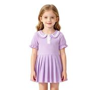 Generisch Vestido informal de niña con pliegues cuello redondo cómodo festivo que fluye falda giratoria para niños pequeños en la vida cotidiana, morado, 3-4 años