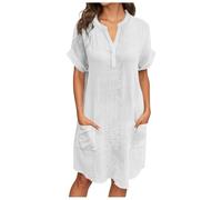 Generisch Vestido informal para mujer, cuello en V, botones de bolsillo, para primavera, corte holgado, color sólido, versátil, combinable para el día a día, oficina, Blanco, XXL