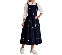 Generisch Vestido informal para mujer, de lino, bordado, vestido envolvente, estilo bohemio, maxi vestido para el día a día, Negro , Talla única