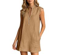 Generisch Vestido informal sin mangas con cuello alto, cremallera parcial para mujer, corte holgado, para vida profesional, vacaciones o uso diario, caqui, L