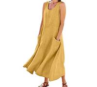 Generisch Vestido largo casual para mujer con cuello redondo de color liso, amarillo, L