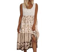Generisch Vestido largo con estampado floral bohemio para mujer, cuello redondo, sin mangas, diseño fluido, para vacaciones en la playa, ocasiones festivas, amarillo, L