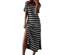 Generisch Vestido maxi de verano para mujer, manga corta, vestido de camiseta, cuello en V, a rayas, vestidos de playa con abertura, ligero y aireado, vestido de verano suelto, vestido de muselina