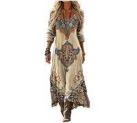 Generisch Vestido maxi para mujer con diseño de ensueño con encanto étnico, vestido bohemio con cuello en V profundo y estampado floral, vestido largo de verano para festivales y vacaciones, Style_j01