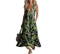 Generisch Vestido maxi para mujer con estampado botánico ornamentado - Vestido de verano sin mangas con cuello en V y bolsillos | Vestido largo bohemio de estilo vintage, Style_n01 Verde, XXL