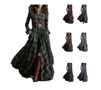 Generisch Vestido maxi para mujer de manga larga con botones en la parte delantera, cuello en V, dobladillo asimétrico y abotonado, vestido vaquera occidental fluido, verde, XL