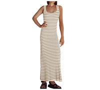 Generisch Vestido midi de punto a rayas para mujer, escote cuadrado, abertura lateral, camiseta sin mangas, vestido de suéter acanalado, beige, M