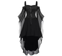 Generisch Vestido midi gótico para mujer con corsé de longitud irregular, mangas largas, manga corta, gasa, vestido de fiesta en estilo de cóctel de moda, tallas grandes, Negro , 3XL