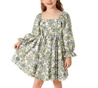 Generisch Vestido negro niña elegante vestido de niña con escote cuadrado,Mangas abullonadas y dobladillo con volante,Vestido de fiesta de cintura alta con ribete de encaje floral para celebraciones