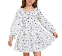 Generisch Vestido negro niña elegante vestido de niña con escote cuadrado,Mangas abullonadas y dobladillo con volante,Vestido de fiesta de cintura alta con ribete de encaje floral para celebraciones