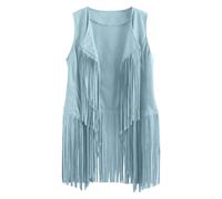 Generisch Vestido occidental sin mangas para mujer, de ante sintético, con flecos, chaqueta corta, vaquero, cárdigan con flecos, boho, festival, bolero, carnaval, azul claro, XL