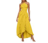 Generisch Vestido sin mangas para mujer con banda en el cuello, monocolor, vestido de gasa, elegante vestido largo con ribete de volantes, diseño envolvente, abertura lateral, moderno, vestido de