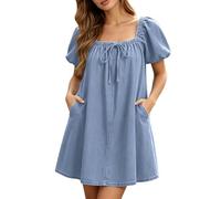 Generisch Vestido vaquero de verano para mujer, manga corta, informal, cuello cuadrado, vestido casual, vaquero, con botones, holgado, con bolsillos y solapas, O Azul Claro, XL