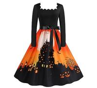 Generisch Vestidos de Halloween para mujer, manga larga, cuello cuadrado, Halloween, años 50, ama de casa, noche, fiesta, graduación, fiesta, playa, naranja, 3XL