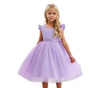 Generisch Vestidos de niña con mangas aleteadas, cuello en V, para sesiones de fotos informales al aire libre, fiestas, actuaciones, trajes de primavera, morado, 8-9 años