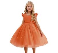Generisch Vestidos de niña con mangas aleteadas, cuello en V, para sesiones de fotos informales al aire libre, fiestas, actuaciones, trajes de primavera, naranja, 8-9 años