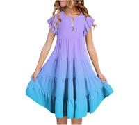 Generisch Vestidos de verano para niñas de doble capa con mangas revoloteadoras que fluyen vestido de líneas A casual vestido midi con degradado ropa infantil, azul celeste, 8-9 años