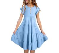 Generisch Vestidos de verano para niñas de doble capa con mangas revoloteadoras que fluyen vestido de líneas A casual vestido midi con degradado ropa infantil, azul claro, 6-7 años