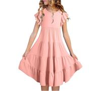 Generisch Vestidos de verano para niñas de doble capa con mangas revoloteadoras que fluyen vestido de líneas A casual vestido midi con degradado ropa infantil, Rosa., 10-11 años