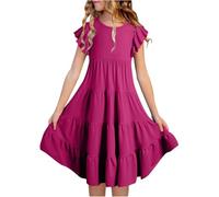 Generisch Vestidos de verano para niñas de doble capa con mangas revoloteadoras que fluyen vestido de líneas A casual vestido midi con degradado ropa infantil, Rosa intenso., 6-7 años