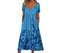 Generisch Vestidos para mujer 2022 Vestido recto largo con bolsillo floral de manga corta con botón redondo, azul, XL