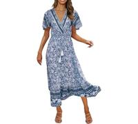 Generisch Vestidos, vestido casual de verano con cuello en V y cinturón, perfecto para salidas relajadas, ideal en climas cálidos y combinados con sandalias para un estilo sin esfuerzo., azul, XL