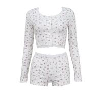 Generisch Warm Velour Rundhals Langarm Tops mit Hose Damen Pyjama Set Baumwolll Flanell Knopfleiste Hose mit Kordelzug, Pajamas B11-blanco, M