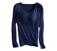 Generisch Women's Autumn Winter Tight Thermal Underwear Thickened Top Thin Velvet Body Shaping Long Sleeved T Shirt with Chest Pad Bra Cup Pajamas, marine, M