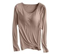 Generisch Women's Autumn Winter Tight Thermal Underwear Thickened Top Thin Velvet Body Shaping Long Sleeved T Shirt with Chest Pad Bra Cup Pajamas Shirt Sexy Damen, caqui, M