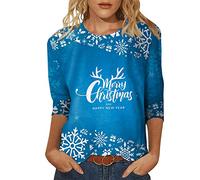 Generisch Womens Daily Christmas Print O Neck Tops Manga tres cuartos Cuello Redondo Camiseta Impreso Loose Side Split Blusa Túnica Top Mujer Negro, azul, M