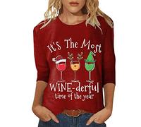 Generisch Womens Daily Christmas Print O Neck Tops Manga tres cuartos Cuello Redondo Camiseta Impreso Loose Side Split Blusa Túnica Rolli Negro Mujer, Vino, XL