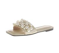 Generisch Zapatillas de estar por casa para mujer, color sólido, punta cuadrada, con perlas, elegantes, hermosas, pantuflas de verano, sandalias de playa, pantuflas de secado rápido, dorado, 37 EU