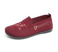 Generisch Zapatillas ligeras para mujer de alta calidad, bordadas e impresas de malla, planas y cómodas para el día a día, elegantes zapatos casuales para madres., Vino, 38 EU