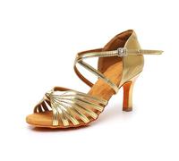 Generisch Zapatos de baile para mujer con tiras de filigrana, elegantes sandalias con tacón para estándar y latín | Zapatos abiertos para salsa, tango y ocasiones festivas, Estilo E02 Oro, 37 EU