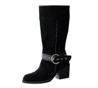 Generisch Zapatos de invierno para mujer Botas cálidas Comercio Exterior Talla grande Cómodo Interior Retro Botas occidentales marrones con tacón grueso y tacón ancho Plataforma Mujer, Negro , 36 EU