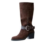 Generisch Zapatos de invierno para mujer Botas cálidas Comercio Exterior Talla grande Cómodo Interior Retro Botas occidentales marrones con tacón grueso y tacón ancho Plataforma Mujer, café, 41 EU