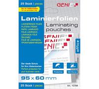 Genie 10784 - Láminas para plastificar (100 µm, para tarjetas de visita de hasta 95 x 60 mm, compatibles con cualquier plastificadora térmica, 25 unidades), transparentes