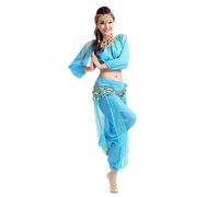 Genie - Disfraz árabe de gasa de manga larga para danza del vientre, 3 piezas (parte superior, pantalones, bufanda de cintura solamente) (cian, S), azul cian, S