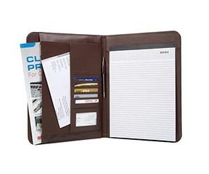 Genie elegante - Carpeta archivadora, A4, extra fina y resistente, piel sintética, incluye: bloc de notas, portalápices, bolsillo, compartimento para tarjetas de visita., color marrón