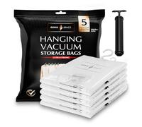 GENIE SPACE Bolsas de Vacío Colgantes para Abrigos, Trajes y Vestidos - Herméticas, Reutilizables y Sin Olor - Cierre Doble - Tamaño Estándar 105×70 cm - Paquete de 5 con Bomba de Viaje