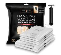 GENIE SPACE Bolsas de Vacío Colgantes para Abrigos, Trajes y Vestidos - Herméticas, Reutilizables y Sin Olor - Cierre Doble - Paquete Surtido 5 (2 Extra Largas + 3 Regulares) con Bomba de Viaje