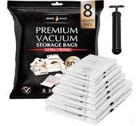 GENIE SPACE - Bolsas de Vacío Premium Increíblemente Fuertes Ahorro de Espacio | 8 Variadas (2XL+2L+2M+2S) | Herméticas y Reutilizables | 80% más espacio | Ropa, Toallas, Ropa de Cama, Edredones y más