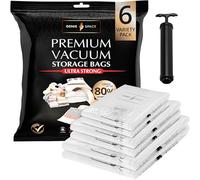 GENIE SPACE Bolsas de Vacío Premium para Ropa, Ropa de Cama y Viaje - Herméticas, Reutilizables y Sin Olor - Sello Doble - Paquete Surtido 6 (2 XL + 2 Grandes + 2 Medianas) con Bomba de Viaje