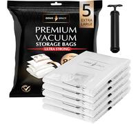 GENIE SPACE Bolsas de Vacío Premium para Ropa, Ropa de Cama y Viaje - Herméticas, Reutilizables y Sin Olor - Sello Doble - Tamaño XL 100x80 cm - Paquete de 5 con Bomba de Viaje