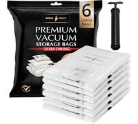 GENIE SPACE Bolsas de Vacío Premium para Ropa, Ropa de Cama y Viaje - Herméticas, Reutilizables y Sin Olor - Sello Doble - Tamaño Grande 80×60 cm - Paquete de 6 con Bomba de Viaje