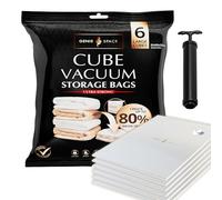 GENIE SPACE Bolsas de Vacío Tipo Cubo para Ropa, Ropa de Cama y Altillo - Herméticas, Reutilizables y Sin Olor - Cierre Doble - Tamaño Grande 80×60×32 cm - Paquete de 6 con Bomba de Viaje
