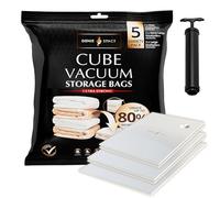 GENIE SPACE Bolsas de Vacío Tipo Cubo para Ropa, Ropa de Cama y Altillo - Herméticas, Reutilizables y Sin Olor - Cierre Doble - Paquete Surtido 5 (1 Máx + 2 XL + 2 Grandes) con Bomba de Viaje