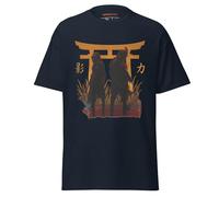 Geniogoods Camiseta inspirada en Assassin's Creed Shadows, obra de arte de Samurai of Shadows con diseño de puerta Torii, guerrero japonés y estética Shinobi para jugadores, azul marino, M