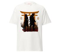 Geniogoods Camiseta inspirada en Assassin's Creed Shadows, obra de arte de Samurai of Shadows con diseño de puerta Torii, guerrero japonés y estética Shinobi para jugadores, blanco, L